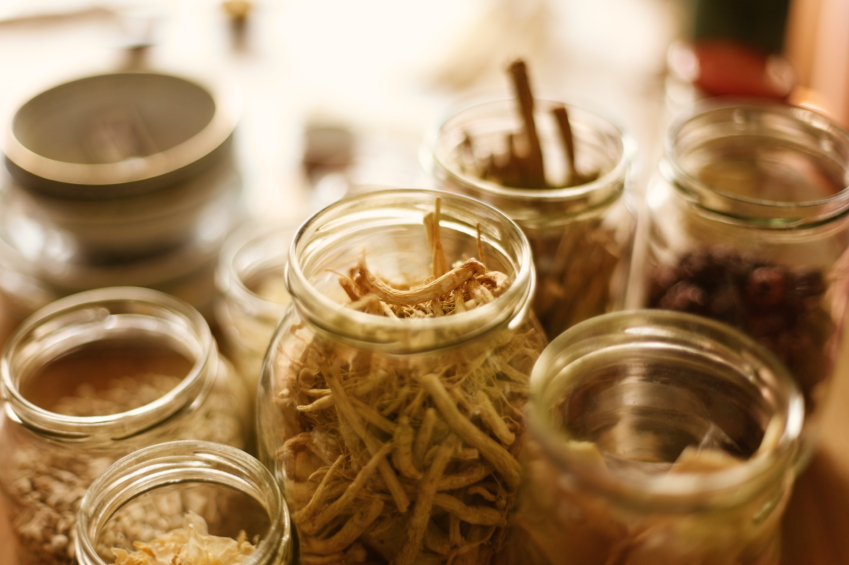 Chinese herbs in glass tins