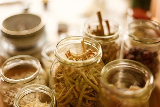 Traditional Chinese herbs in jars